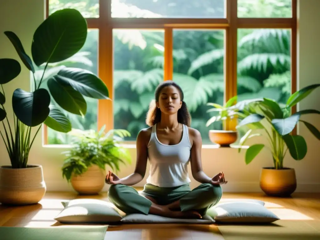 Imagen serena de un principiante meditando en una habitación iluminada por el sol, rodeado de plantas