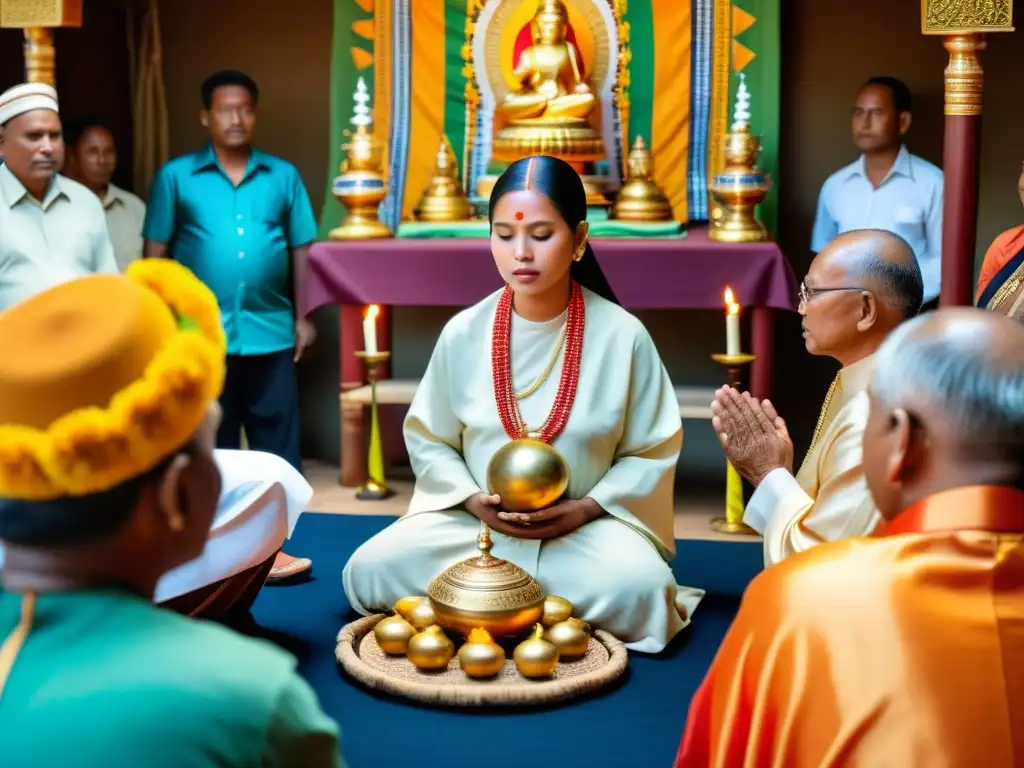 Imagen serena del Ritual Simantonnayana para bendición madre, con personas y sacerdote en entorno cultural