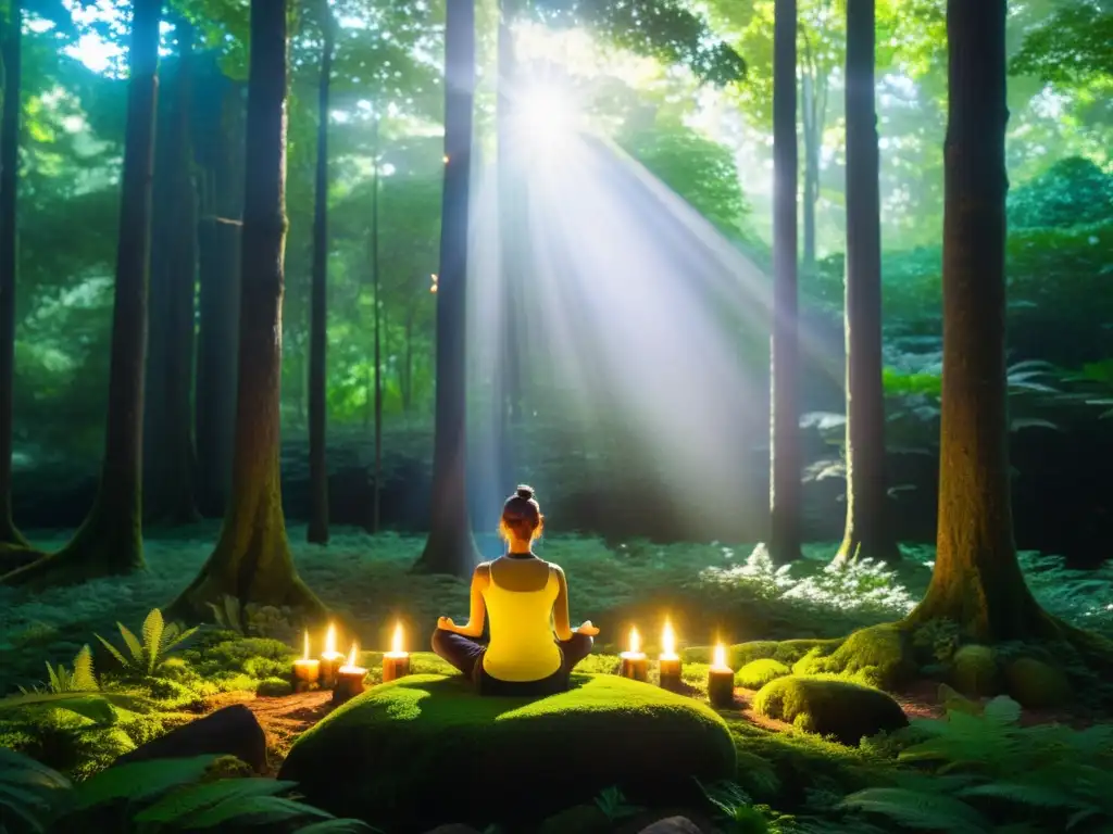 Imagen de un sereno claro en el bosque, con rituales al aire libre naturaleza, meditación y velas entre la exuberante vegetación