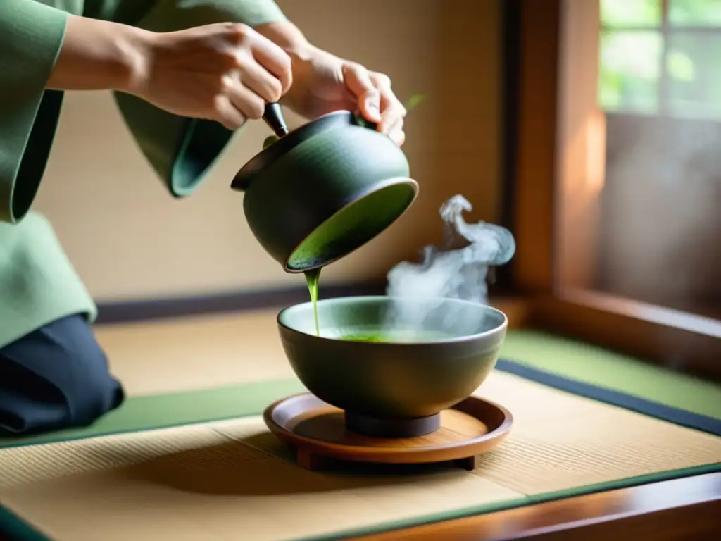 Imagen de un sereno ritual de té japonés, con movimientos meticulosos y una atmósfera espiritual