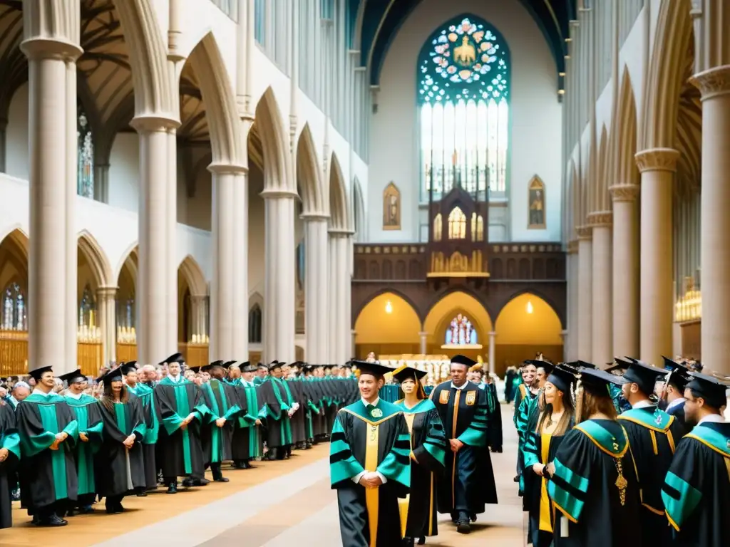 Imagen de una solemne ceremonia de graduación en la Edad Media en una catedral majestuosa, con graduados y académicos en trajes tradicionales