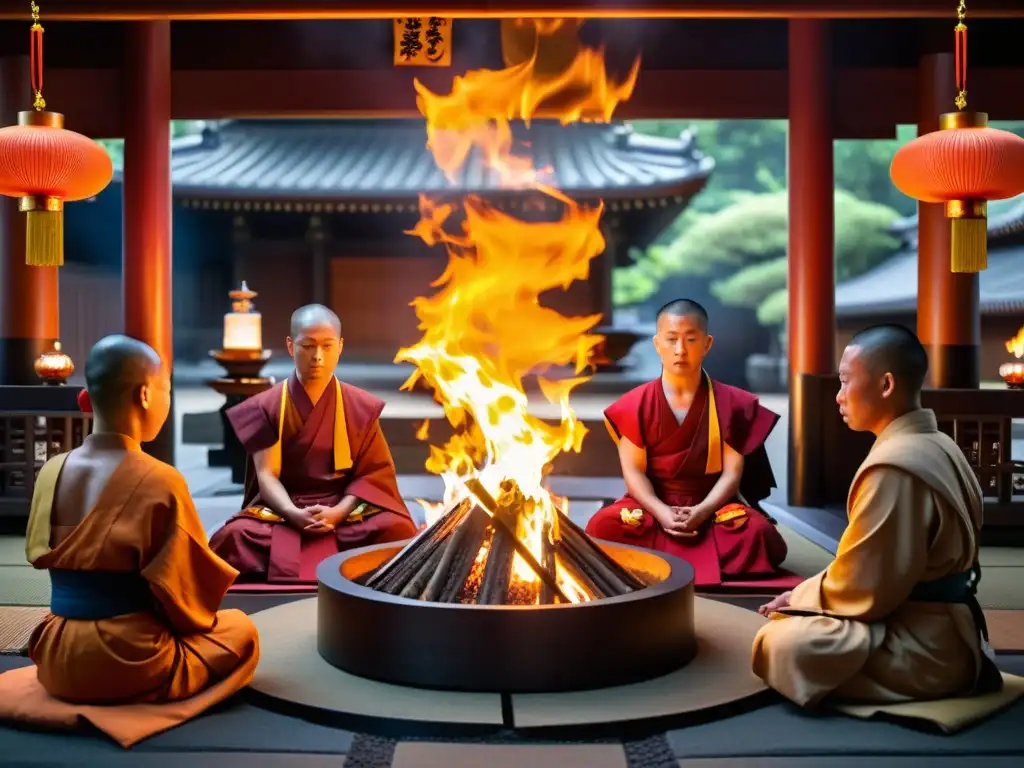 Imagen de la solemne ceremonia Goma de protección y purificación en un templo de Shingon, con monjes realizando rituales en torno a un fuego sagrado