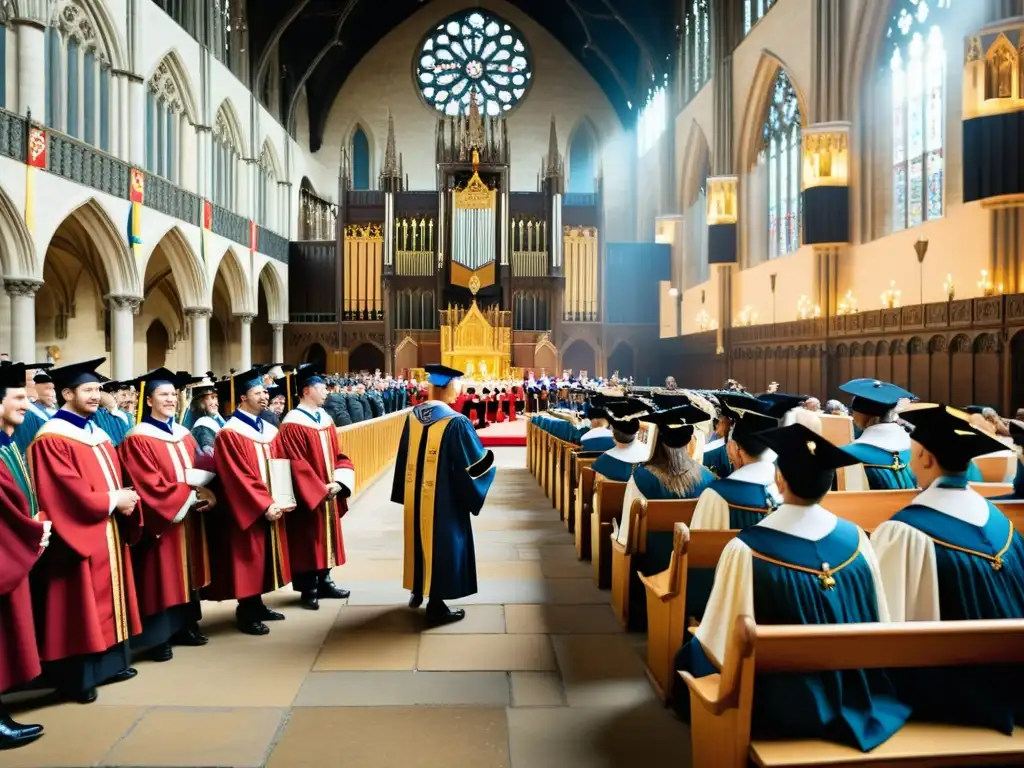 Imagen de una solemne ceremonia de graduación medieval en una catedral, con detalles ricos y atmósfera reverente