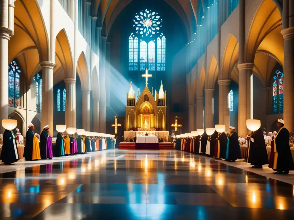 Imagen de un solemne rito de consagración en vida religiosa, con sacerdotes y figuras religiosas en una majestuosa catedral, entre luces de vidrieras