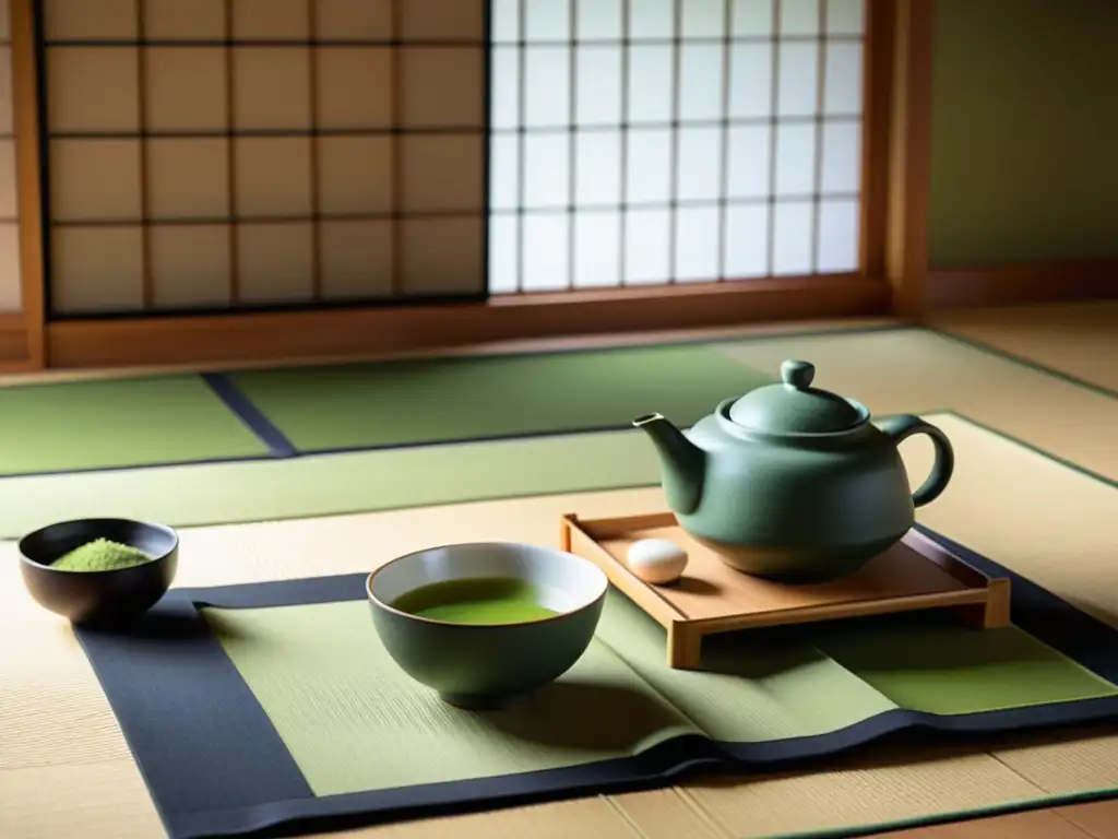 Imagen de una sosegada ceremonia del té matcha en una tradicional habitación tatami, que refleja la esencia de la tradición zen