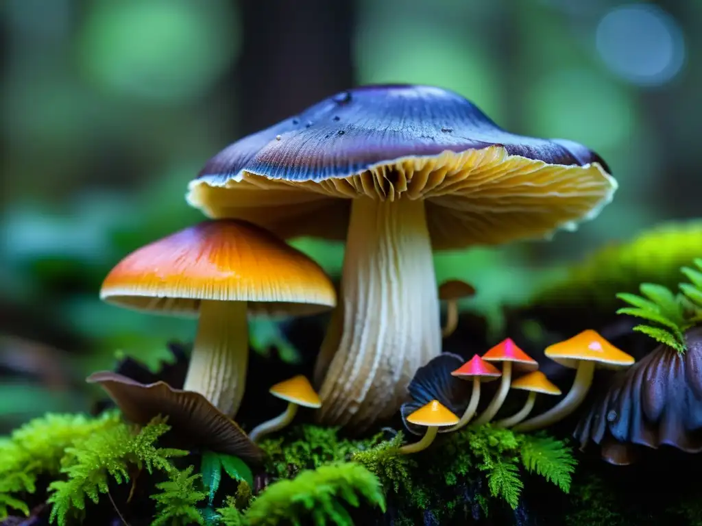 Una imagen de superhongos en rituales de sanación, con colores vibrantes y patrones intrincados en un bosque oscuro y húmedo