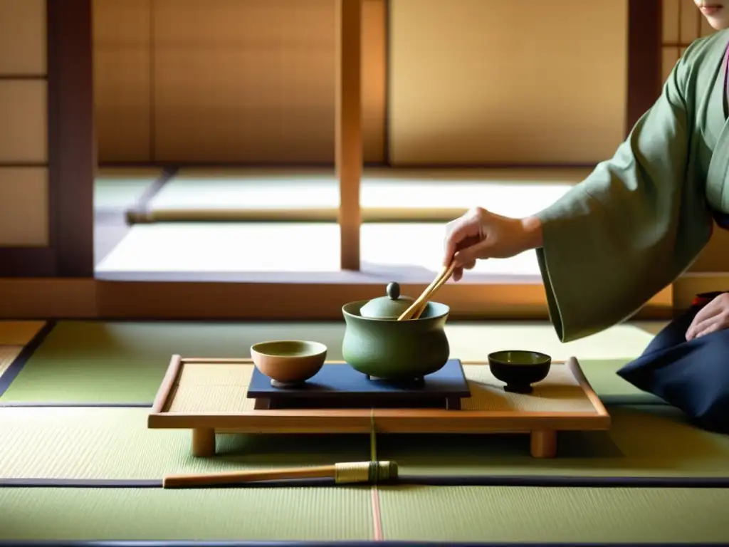 Imagen de una tranquila ceremonia del té japonés con un maestro del té realizando movimientos precisos y gráciles en una atmósfera serena