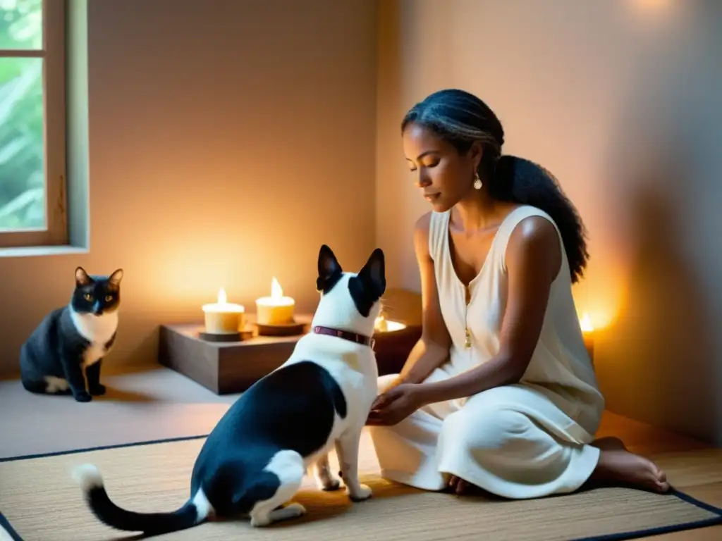 Imagen tranquila de integración de mascotas en un espacio sagrado con luz suave y atmósfera serena