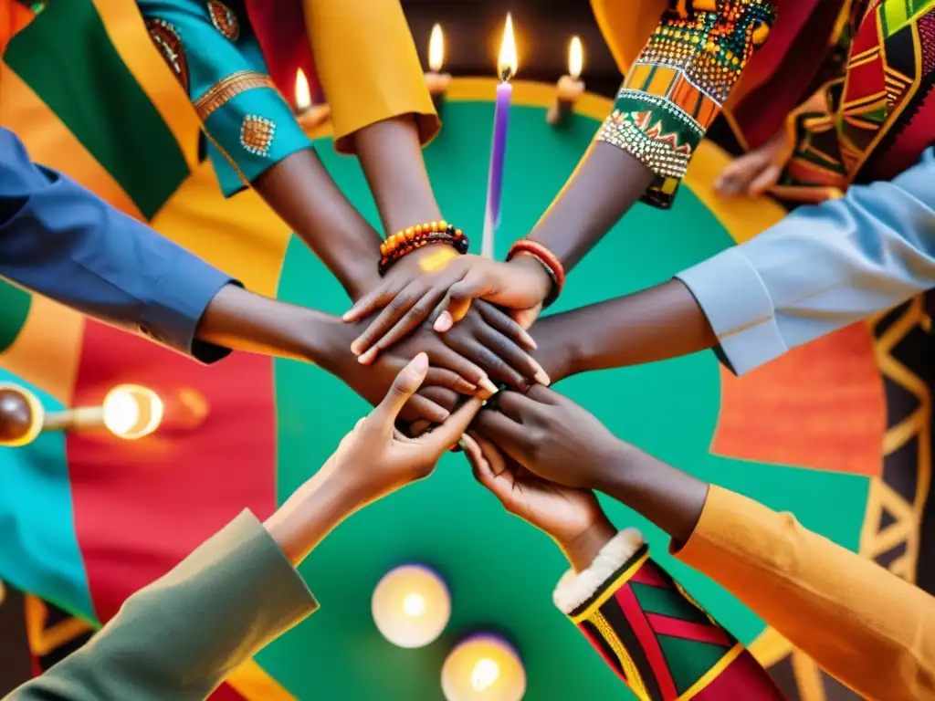 Unidad y Celebración: Fotografía de Grupo en Kwanzaa Imagen de unidad y celebración en rituales afroamericanos Kwanzaa, con gente diversa vestida con atuendos tradicionales y decoraciones vibrantes