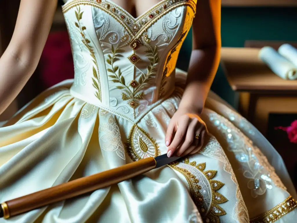 Imagen de un vestido de novia tradicional siendo bordado a mano en un taller, destacando detalles de encaje, cuentas y patrones florales