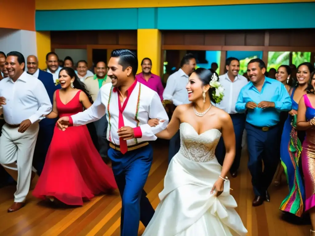 Imagen vibrante de 'El baile de la víbora' en una boda latinoamericana, con danza tradicional, trajes coloridos y alegría auténtica