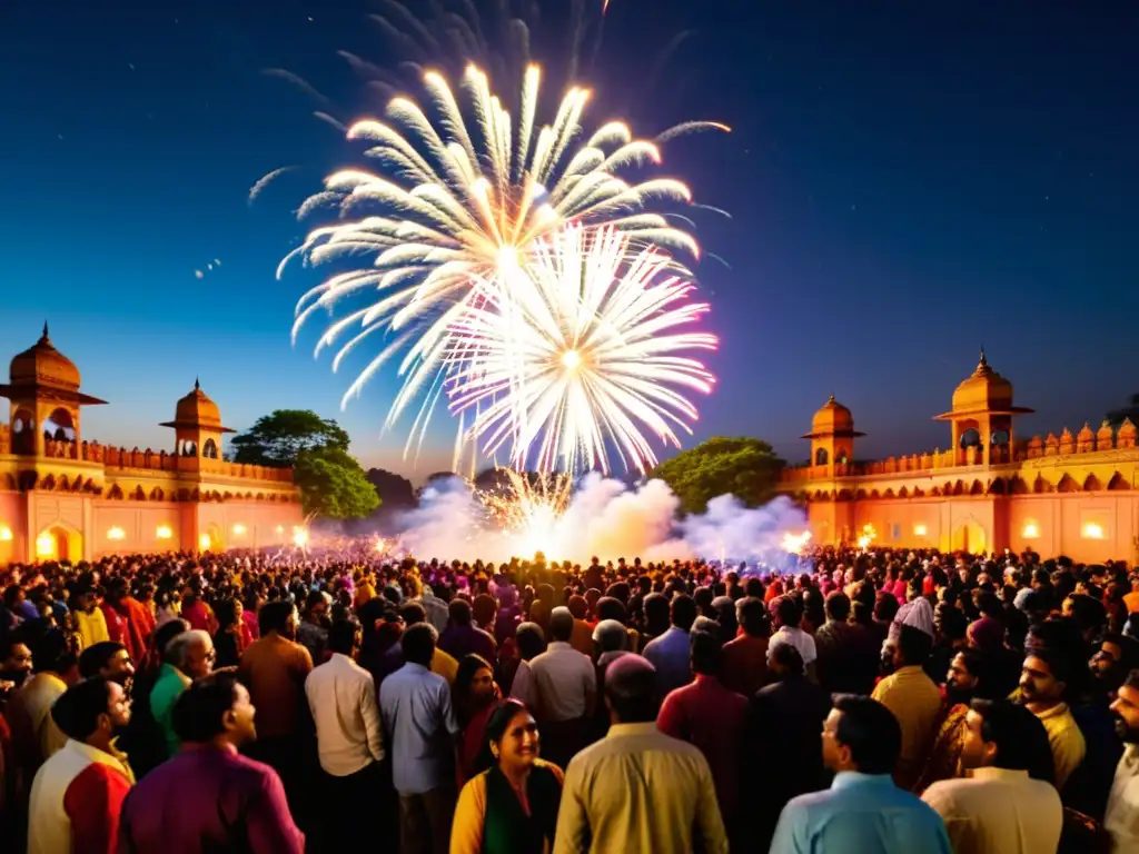 Imagen vibrante de la celebración del Diwali en India, con fuegos artificiales iluminando el cielo nocturno y personas celebrando