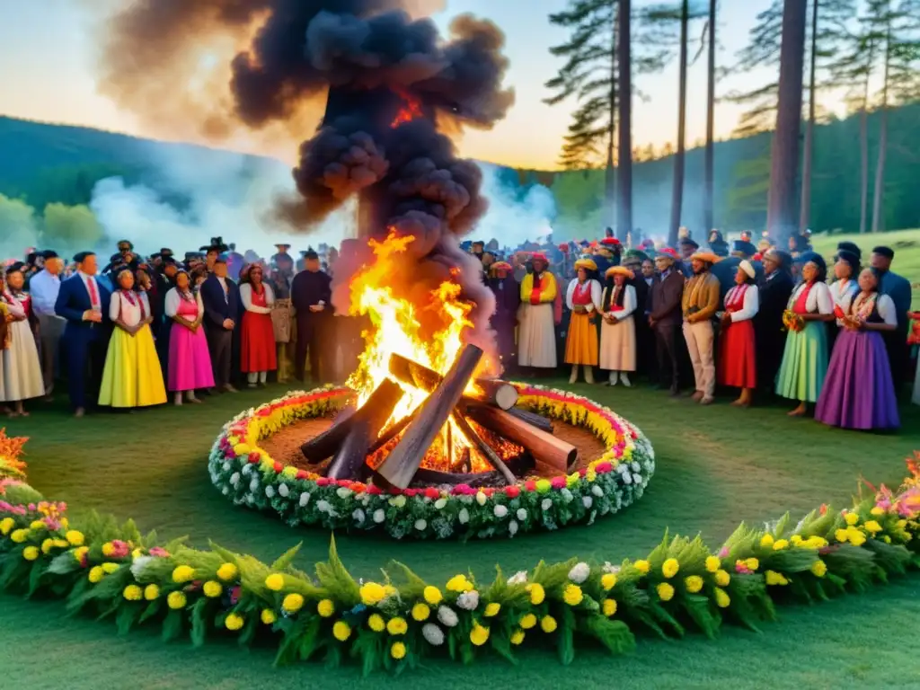 Imagen vibrante de la celebración del equinoccio de primavera en Ostara, con personas disfrutando alrededor de un fuego en el bosque