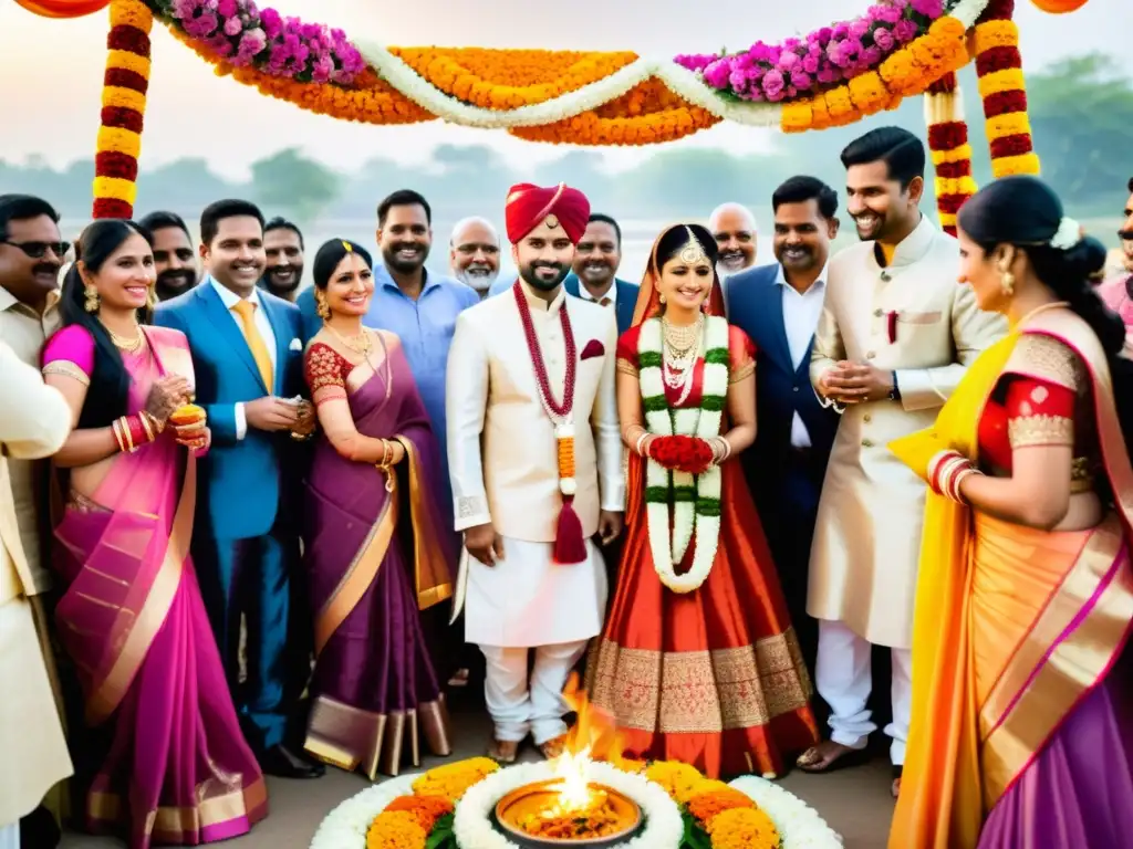 Una imagen vibrante y detallada de un ritual de boda hindú en la India, con atuendos tradicionales coloridos y elementos ceremoniales decorados