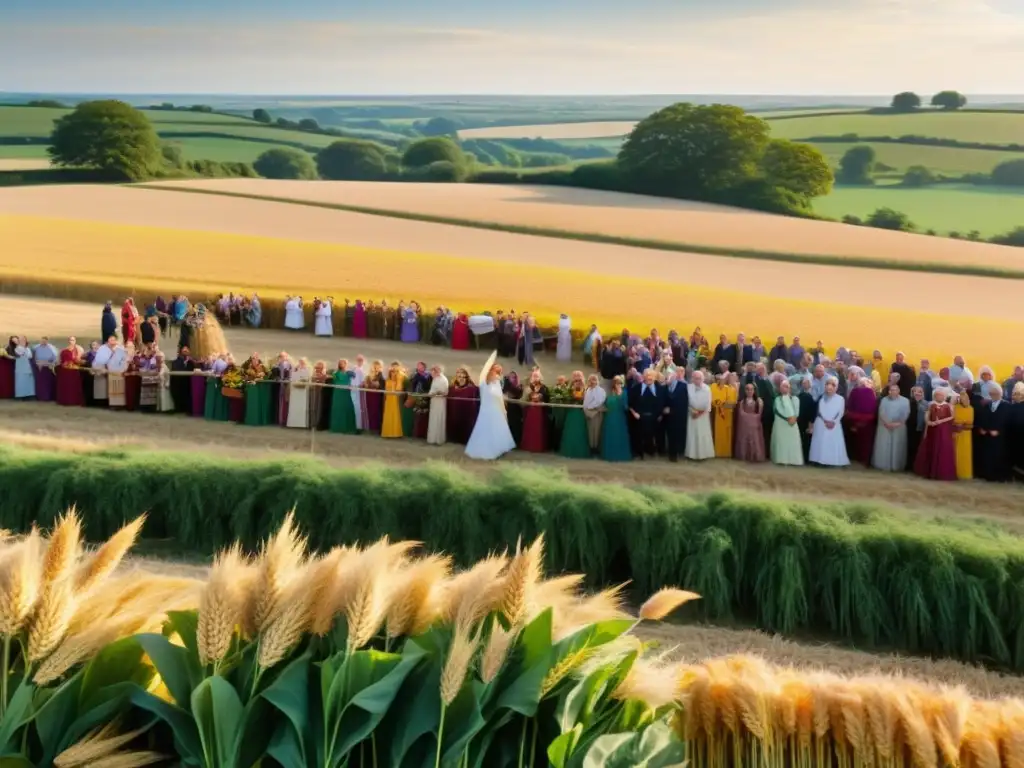 Imagen de la celebración vibrante de Lughnasadh, con gente reunida en un campo soleado, disfrutando de la cosecha con música tradicional y bailes, capturando la esencia alegre de la festividad