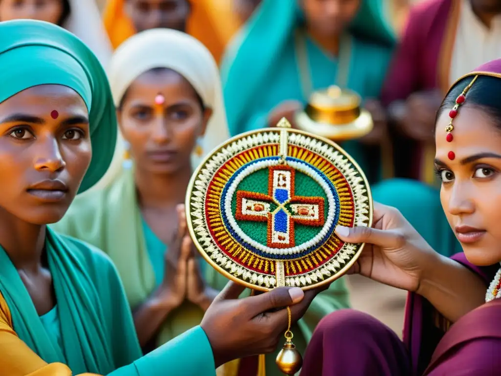 Una imagen vibrante de personas de diversas culturas participando en rituales religiosos, mostrando artefactos y símbolos religiosos únicos