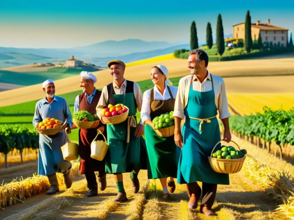 Imagen de un vibrante ritual de cosecha en los campos de Toscana, Italia, con agricultores recolectando productos bajo el cálido sol de la tarde