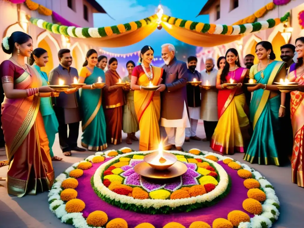 Imagen vibrante de la celebración tradicional de Diwali en India, con rituales festividades culturas antiguas y coloridos adornos