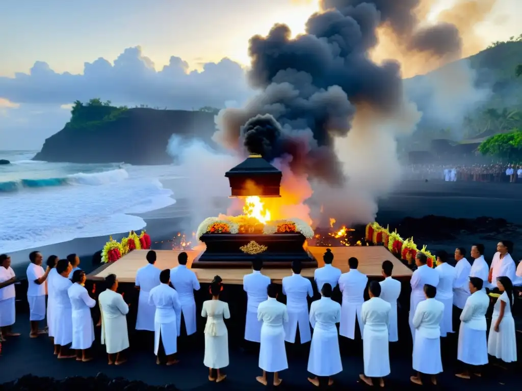 Una impactante ceremonia funeraria balinesa en una playa de arena negra, con vestimenta tradicional blanca y un sarcófago adornado