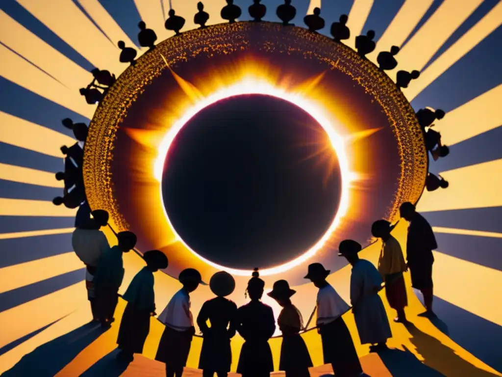 Una impactante imagen de un eclipse solar con personas de diversas culturas realizando rituales para honrar el evento celestial