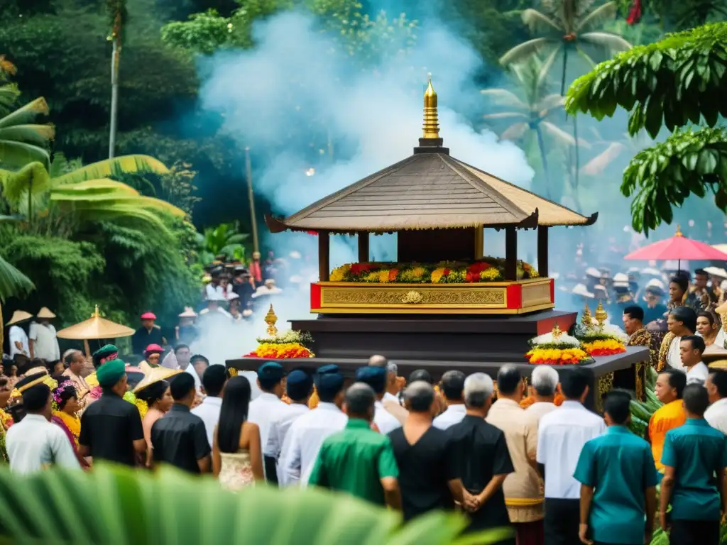 Una impactante imagen de un ritual funerario balinés con detalles ceremoniales y vestimenta tradicional vibrante, en un exuberante paisaje tropical