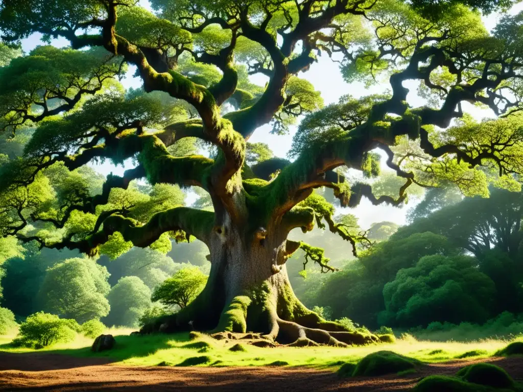 Imponente árbol sagrado en un bosque verde, evocando celebraciones celtas y la sacralidad de la naturaleza