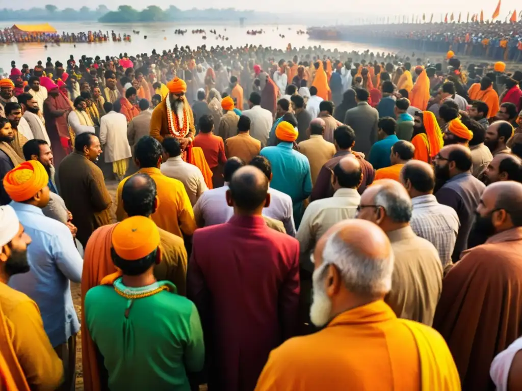 Imponente peregrinaje espiritual en el festival Kumbh Mela, con multitud de peregrinos hindúes junto al sagrado río, sumergiendo en la experiencia