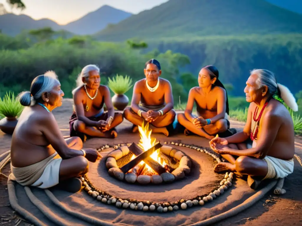 Importancia de los ancianos en rituales: Grupo de ancianos indígenas realiza sagrado ritual alrededor de fogata, en medio de exuberante naturaleza