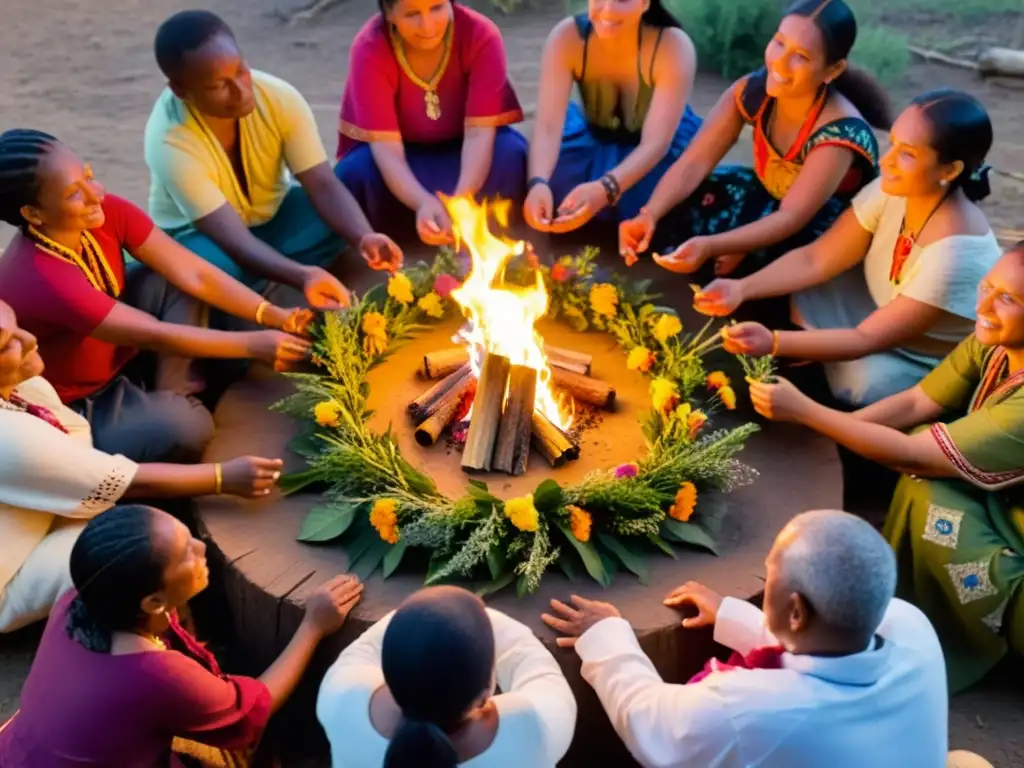 Importancia de la comunidad en rituales: Ceremonia de sanación con diversidad cultural alrededor de la fogata en la naturaleza