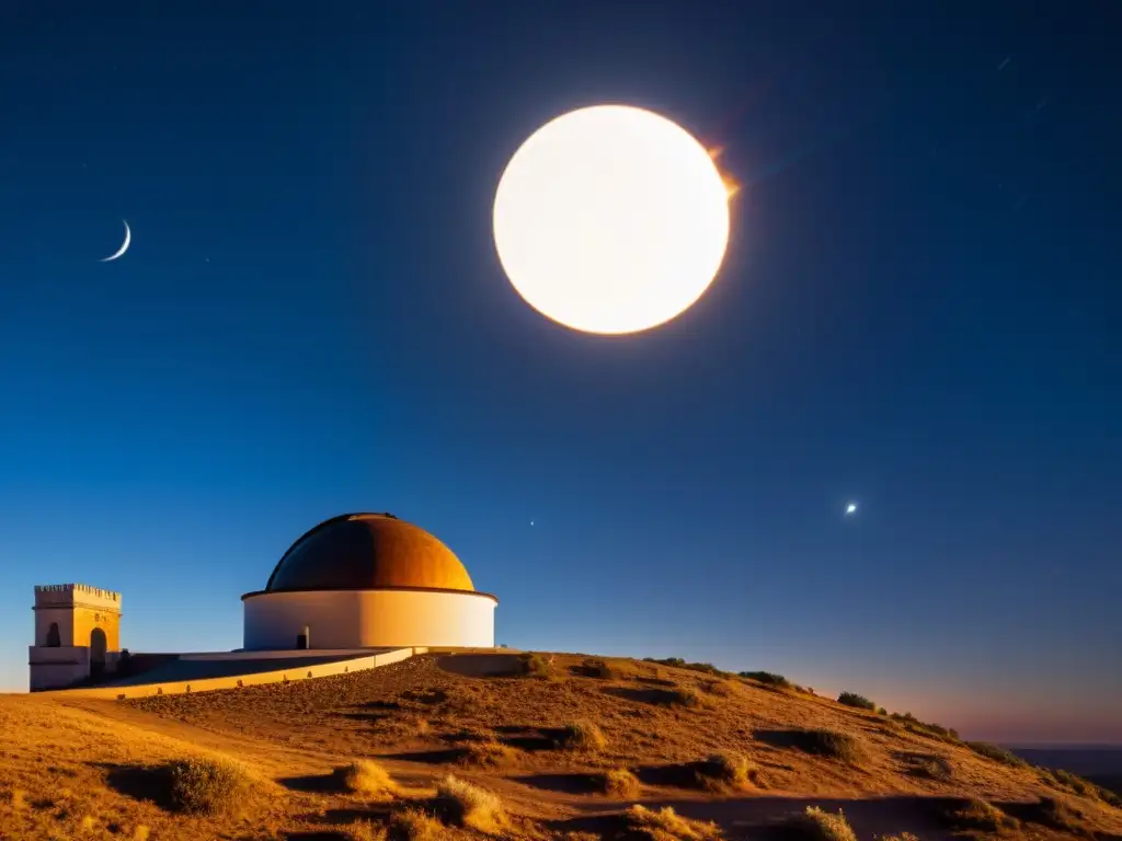 Importancia cultural de rituales de observación celestial en un antiguo observatorio astronómico durante un evento celestial en un paisaje natural