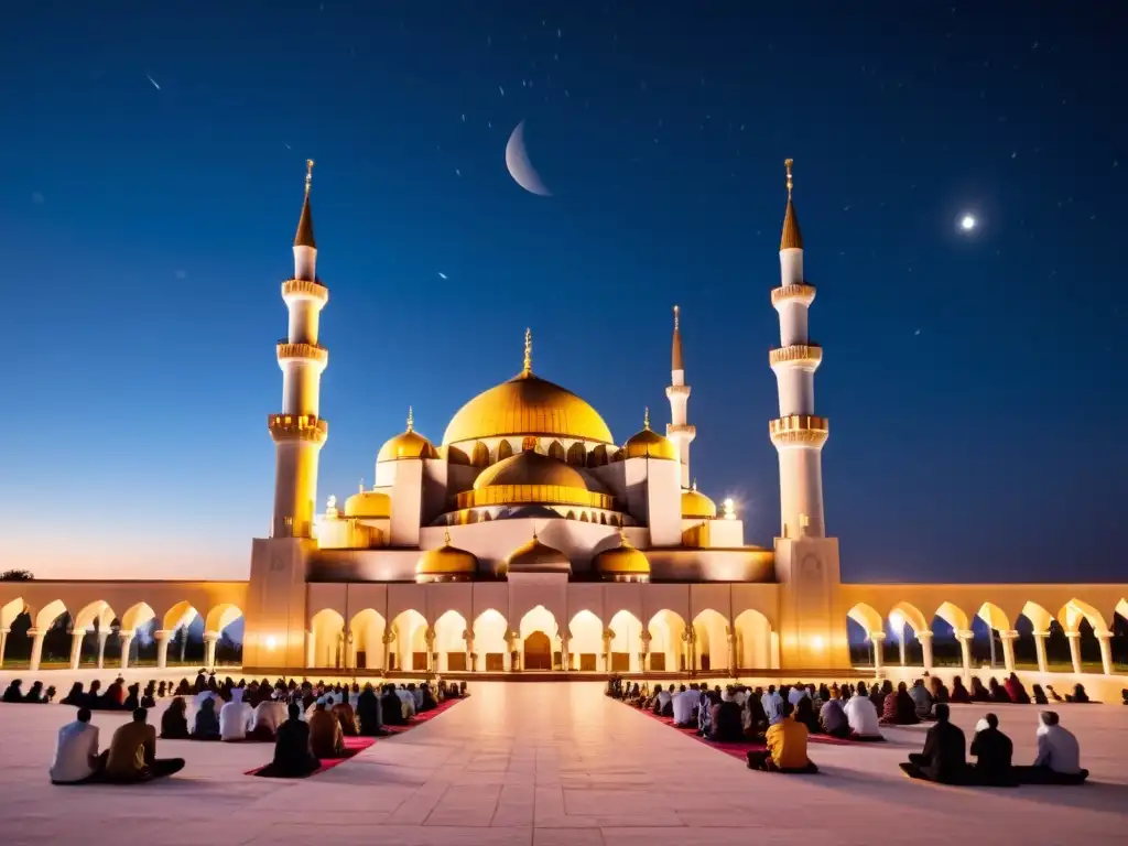 Importancia de la Luna en Rituales Islámicos: Una mezquita iluminada por el suave resplandor de la luna, con fieles rezando afuera en la noche