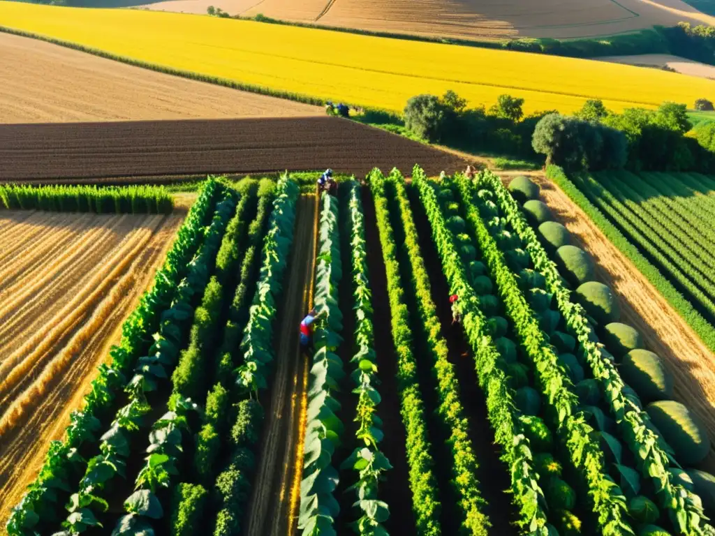 La importancia de rituales de cosecha: escena de cosecha vibrante y abundante, con agricultores recolectando cultivos con alegría en campos soleados