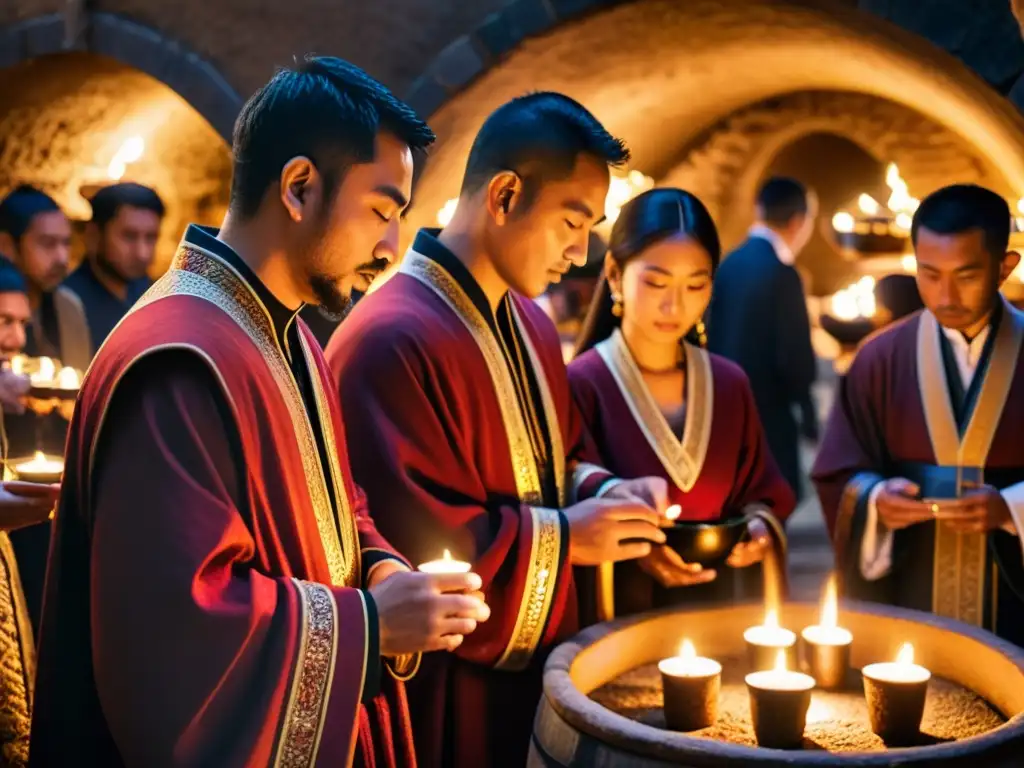 Importancia del vino en rituales: Ceremonia sagrada en bodega ancestral, con participantes reverentes compartiendo vino en vasijas ornamentadas