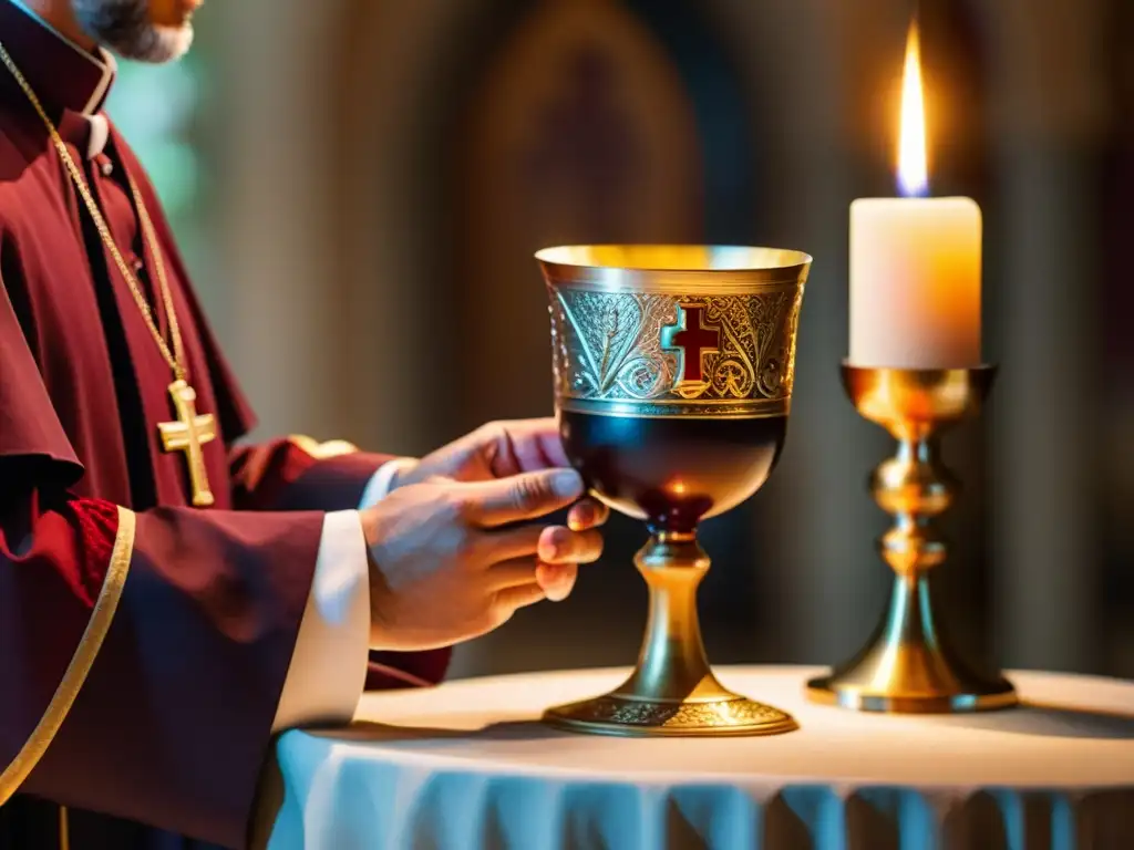 La importancia del vino en rituales cristianos se refleja en la imagen de un sacerdote vertiendo vino en un cáliz durante una ceremonia religiosa