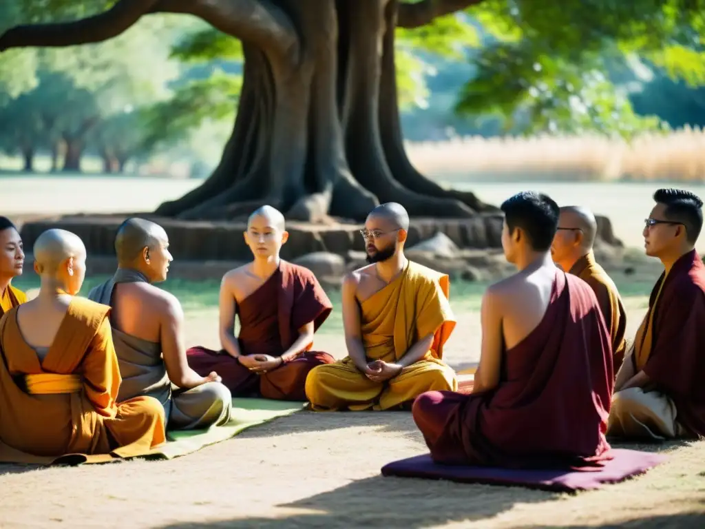 Importante comunidad budista Sangha debajo de un árbol Bodhi, compartiendo en armonía y paz espiritual