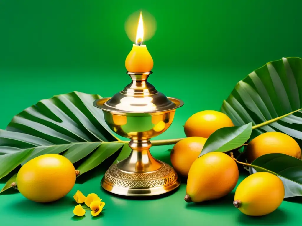 Una impresión detallada y colorida del Vishu Kani, con lámpara de aceite, flores doradas, mangoes, cocos y un espejo, sobre hojas verdes, con un mural tradicional de Kerala de fondo