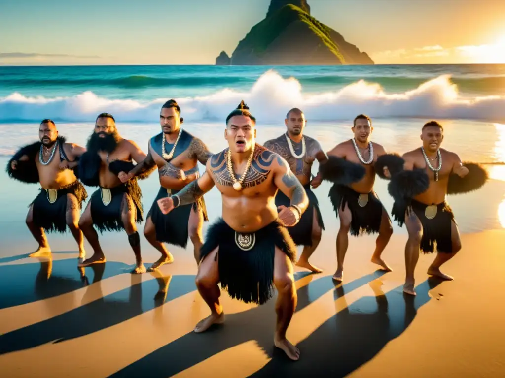 Una impresionante actuación de Haka Maorí en la playa de Nueva Zelanda al atardecer