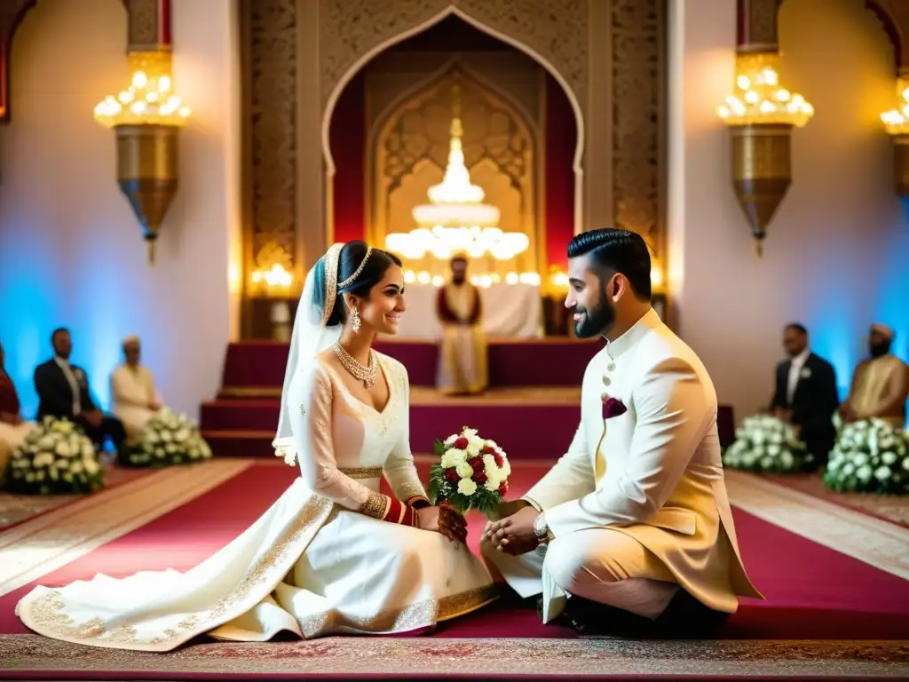 Una impresionante ceremonia matrimonial islámica llena de simbolismos ocultos, con la novia y el novio rodeados de belleza y tradición