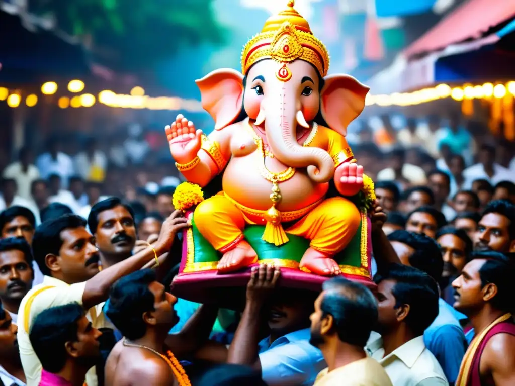 Un impresionante desfile durante el ritual de Ganesh Chaturthi, con devotos llevando una colorida estatua de Lord Ganesha a través de las calles