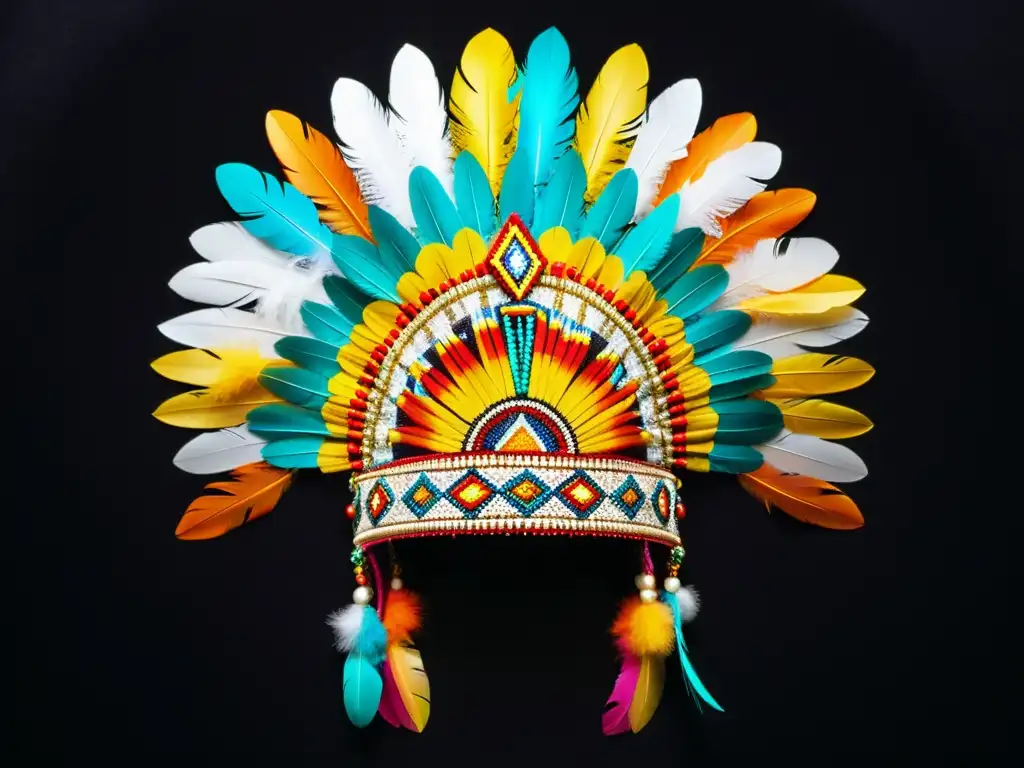 Una impresionante diadema ceremonial azteca, con plumas coloridas y detalles en oro, destaca sobre un fondo de terciopelo oscuro