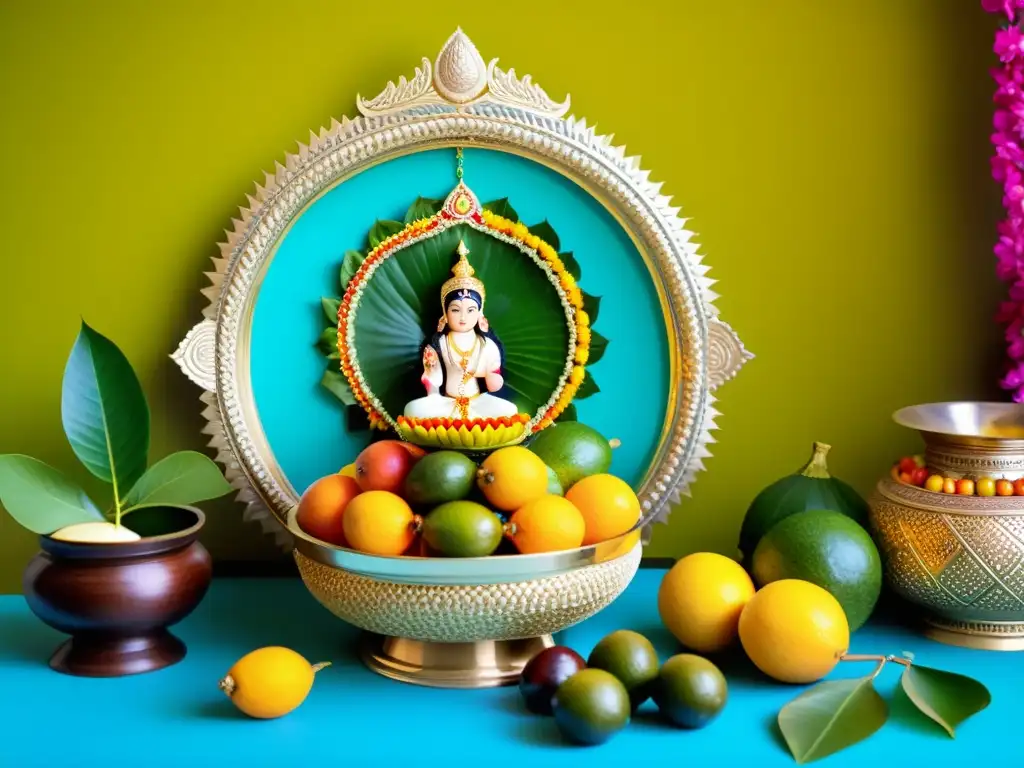 Una impresionante fotografía documental de un tradicional arreglo Vishu Kani en Kerala, resaltando la rica tradición del Año Nuevo Vishu con colores vibrantes y detalles intrincados