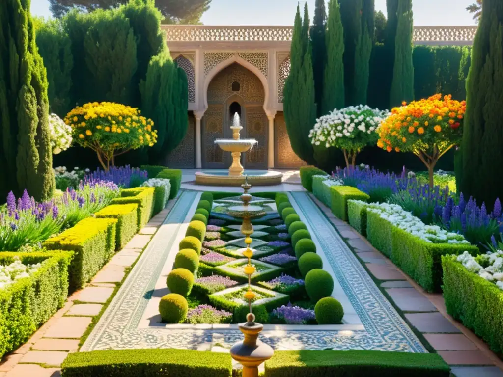 Un jardín persa impresionante con flores vibrantes, follaje exuberante y una fuente tradicional rodeada de mosaicos