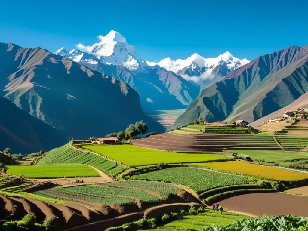 Una impresionante fotografía de los Andes con campos de papas y agricultores locales, evocando la belleza del Día de la Papa en los Andes