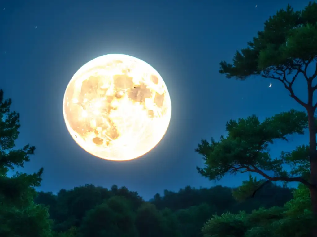 Una impresionante imagen de la luna llena iluminando un paisaje sereno y misterioso