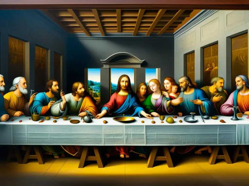 Una impresionante imagen en 8k de 'La última cena' de Leonardo da Vinci, resaltando los detalles renacentistas y la emotividad de los rituales cristianos en el arte