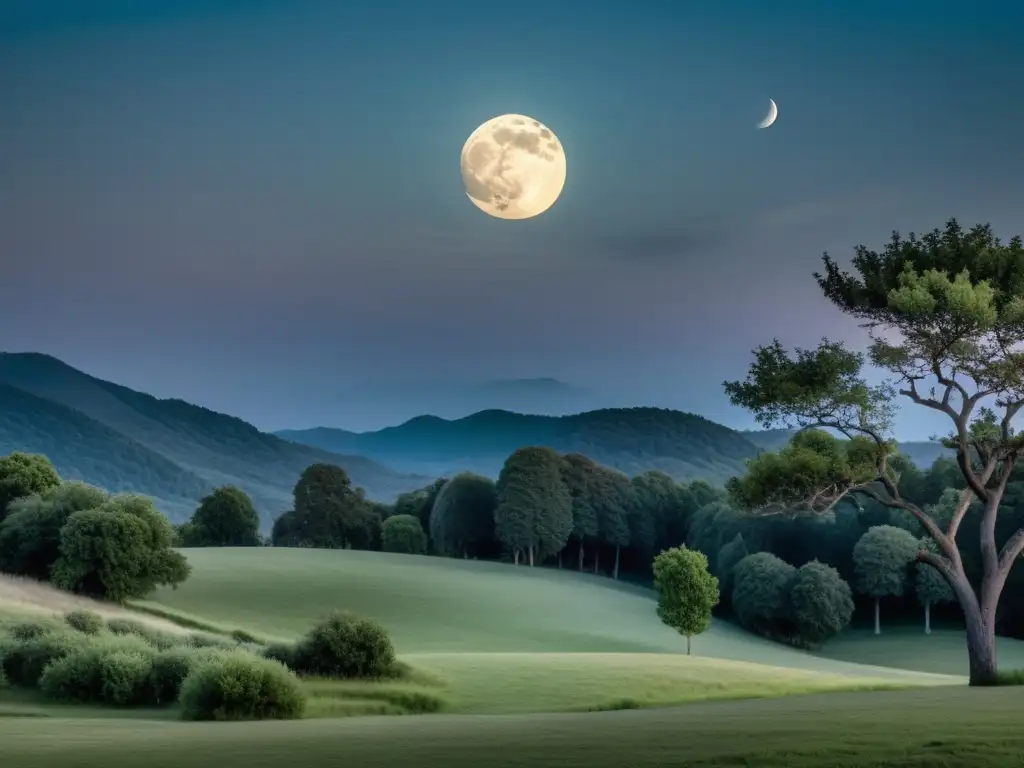 Una impresionante fotografía de un paisaje sereno iluminado por la luna, mostrando diversas fases lunares y resaltando la conexión con la naturaleza