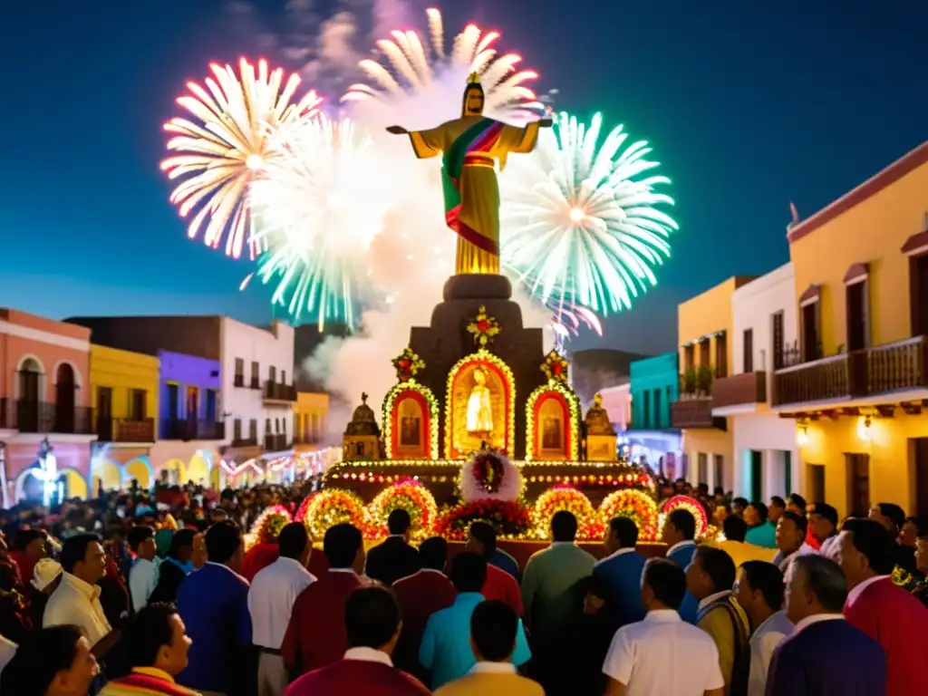 Una impresionante procesión religiosa con rituales pirotécnicos festivales mundo en una noche vibrante en un pueblo mexicano