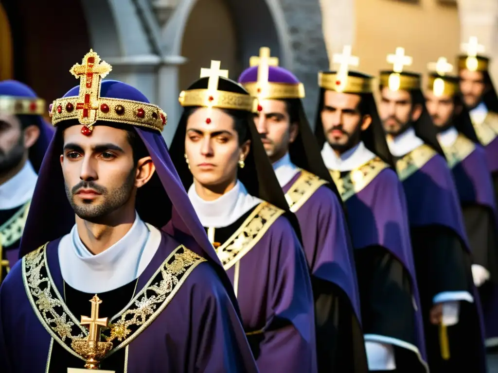 Procesión solemne de Semana Santa en España Una impresionante procesión de Semana Santa en España, con participantes vestidos con atuendos religiosos y llevando estatuas y cruces ornamentadas