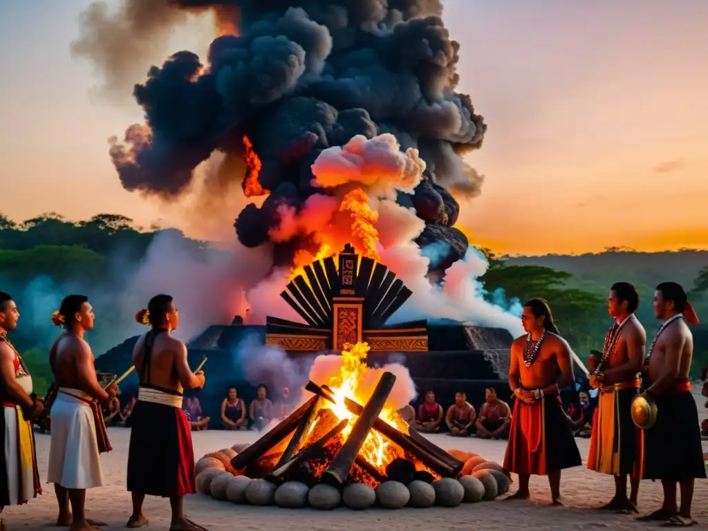 'Impresionante ritual maya alrededor de una fogata en el vibrante atardecer, mostrando el significado del fuego en rituales'