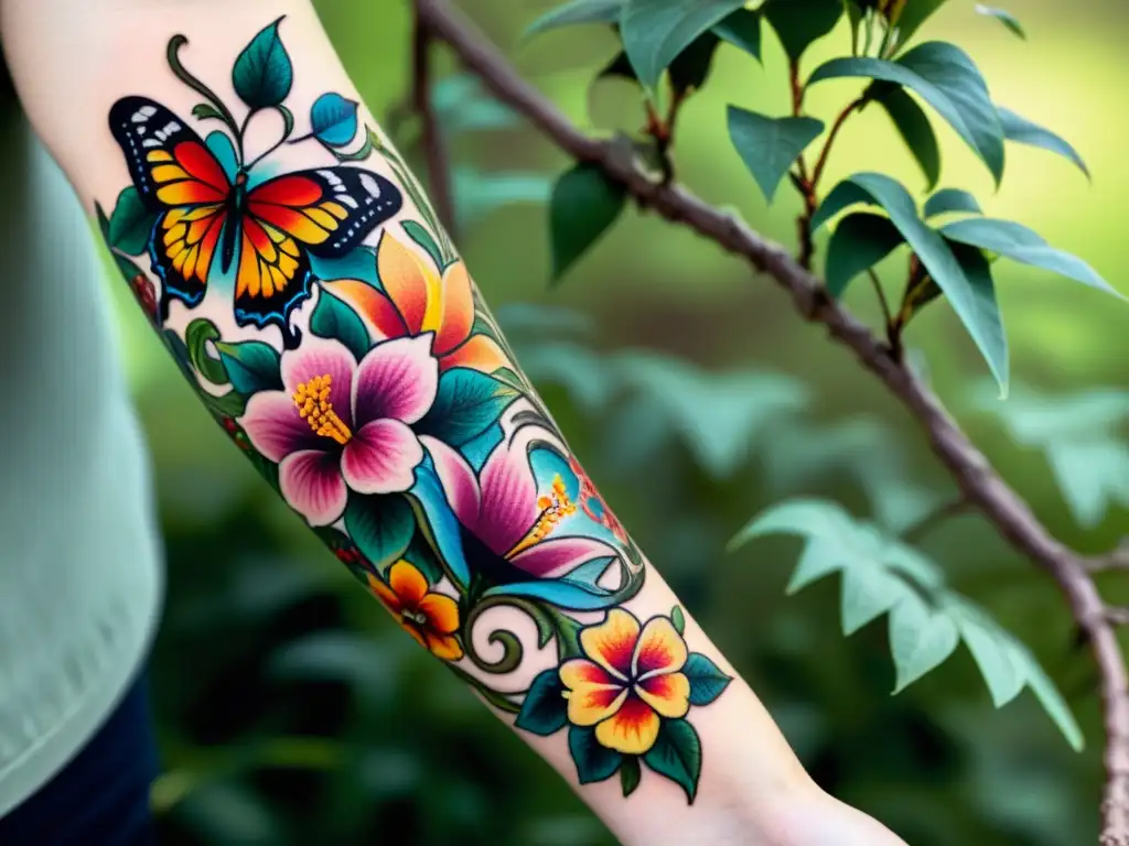 Un increíble tatuaje de flores, mariposas y viñas en un antebrazo, resaltando el significado tatuajes y piercings rituales